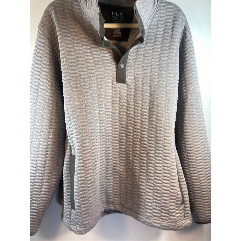 HUK MENS XLARGE GRAY QUILTED 1/4 SNAP PULLOVER MOCK NECK POCKETS FISHING SWEATER